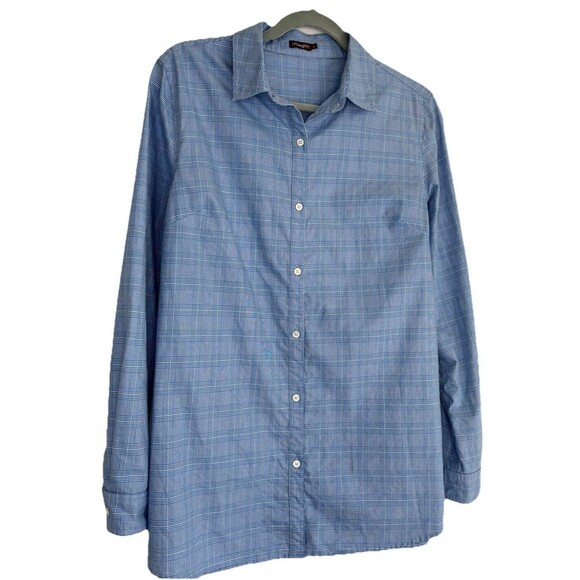 J McLaughlin Blue Gingham Plaid 100% Cotton Button Down Shirt Womens Size L - Picture 1 of 11